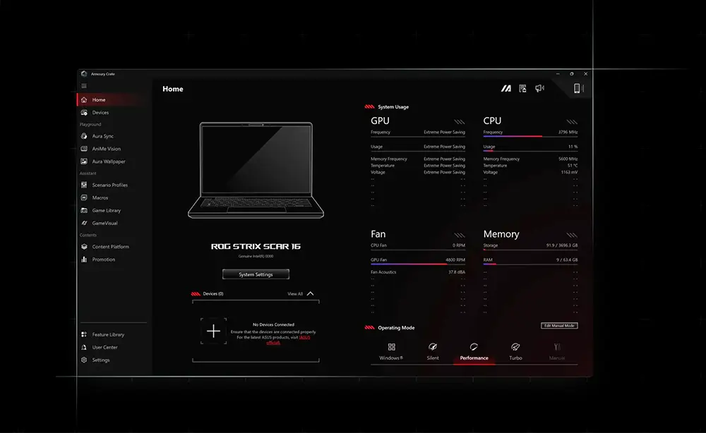 Notebook ROG Strix SCAR 18 Windows 11 Negro + Mochila + Mouse Notebook ASUS U9 ARL HX con pantalla inclinada destacando su bisagra resistente y diseño funcional