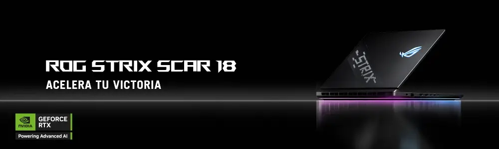 Notebook ROG Strix SCAR 18 Windows 11 Negro + Mochila + Mouse Vista lateral del ROG Strix SCAR 18 destacando sistema de ventilación y conectores laterales