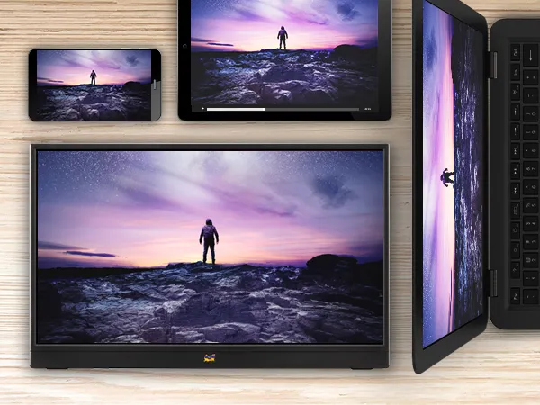 Monitor portátil de 16 pulgadas Full HD mostrando conectores USB-C y mini HDMI